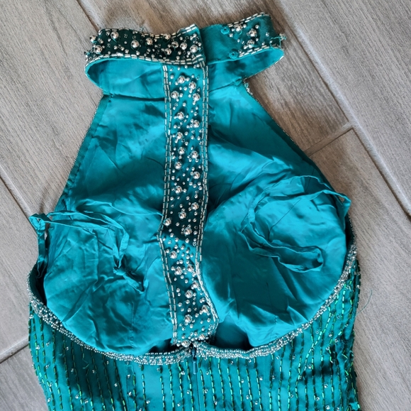 90s Turquoise Teal sequin Beaded Open Back Prom Dance Pageant Dress gown - Picture 8 of 11